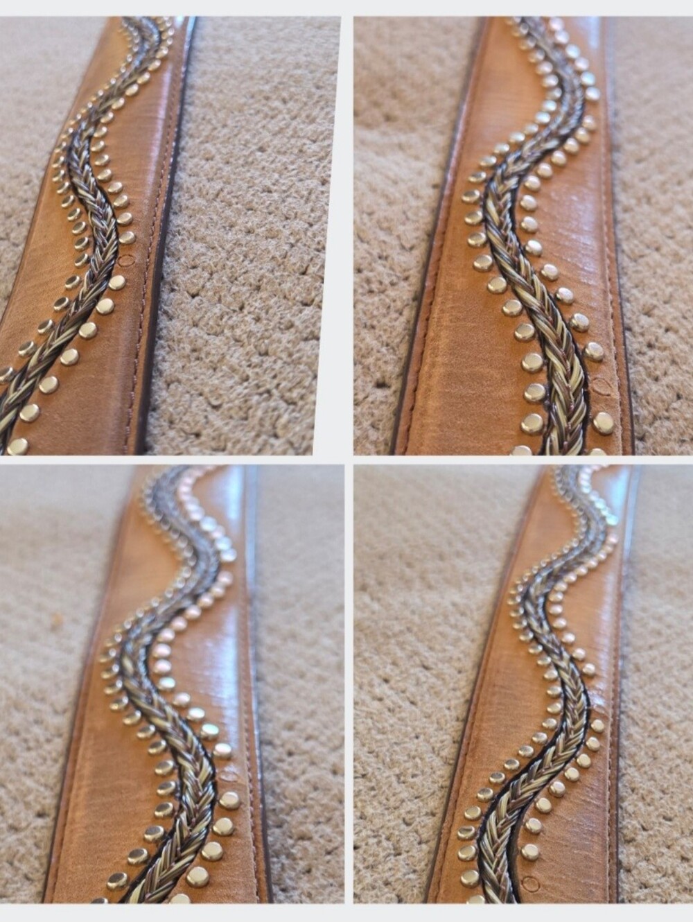 Vintage 1990's 3-D DDD Genuine Leather brown studded Braided Horse Hair Belt - Picture 2 of 16